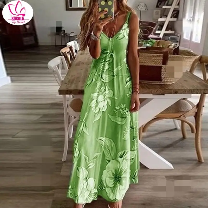 

SUSOLA Summer Beach Dress Sexy Sleeveless Spagetti Strap Dress Print V Neck Boho A Line Dresses For Lady Vestido Mujer