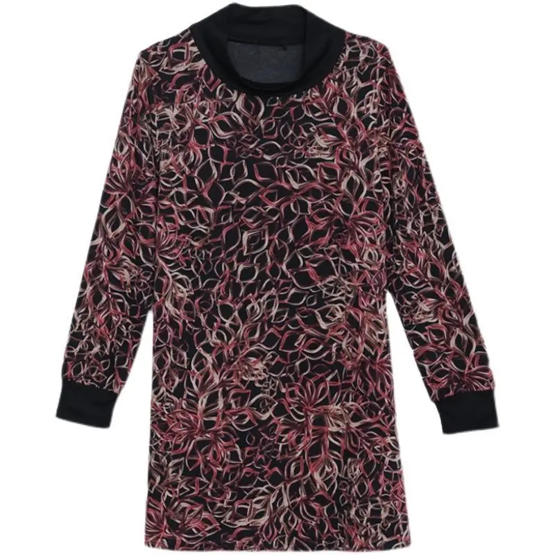 Casual Fashion Printing Mini Dress Autumn Winter Women's Clothing Elegant Vintage Half High Collar Thick Long Sleeve Dresses