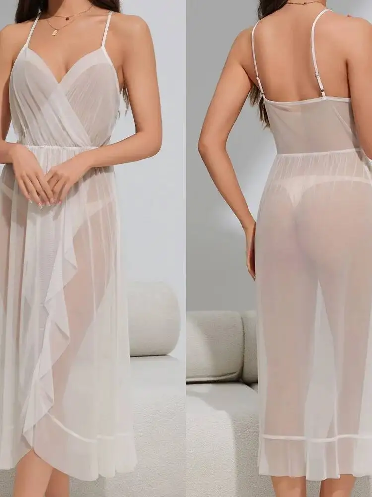 Malha sexy camisola para mulheres verão rendas com decote em v alça longa camisola homewear vestido transparente para mulher casaul elegante gj1r