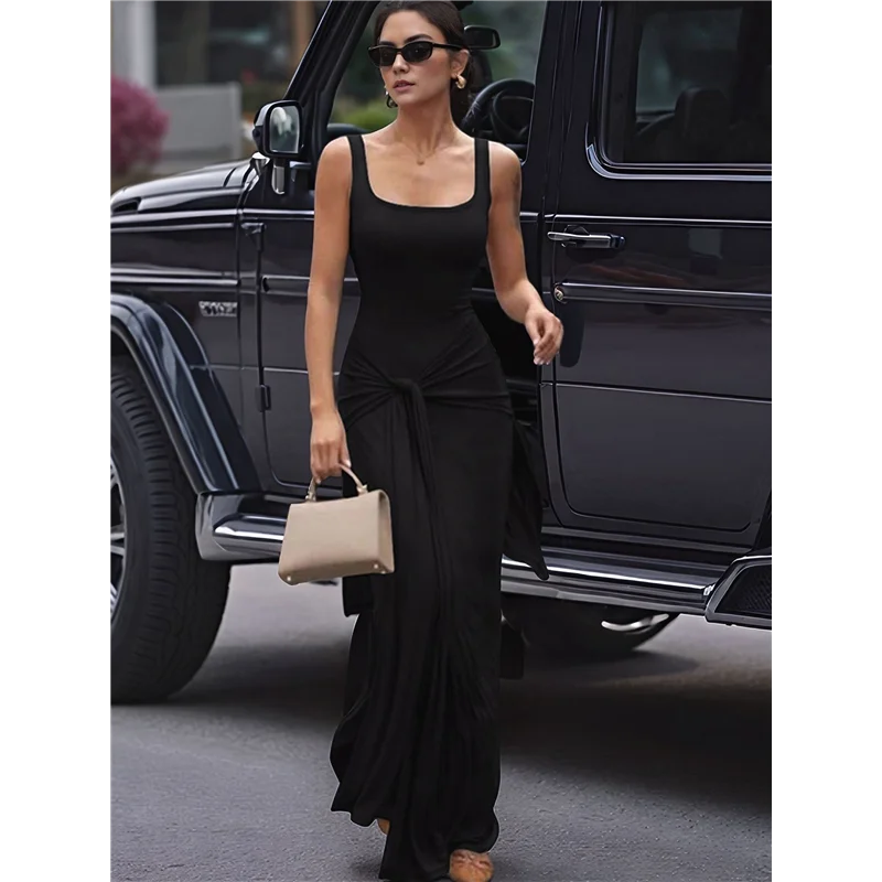 A18P-Vestido sin mangas con cuello cuadrado de verano para mujer, vestidos largos ajustados con doble forro sexy