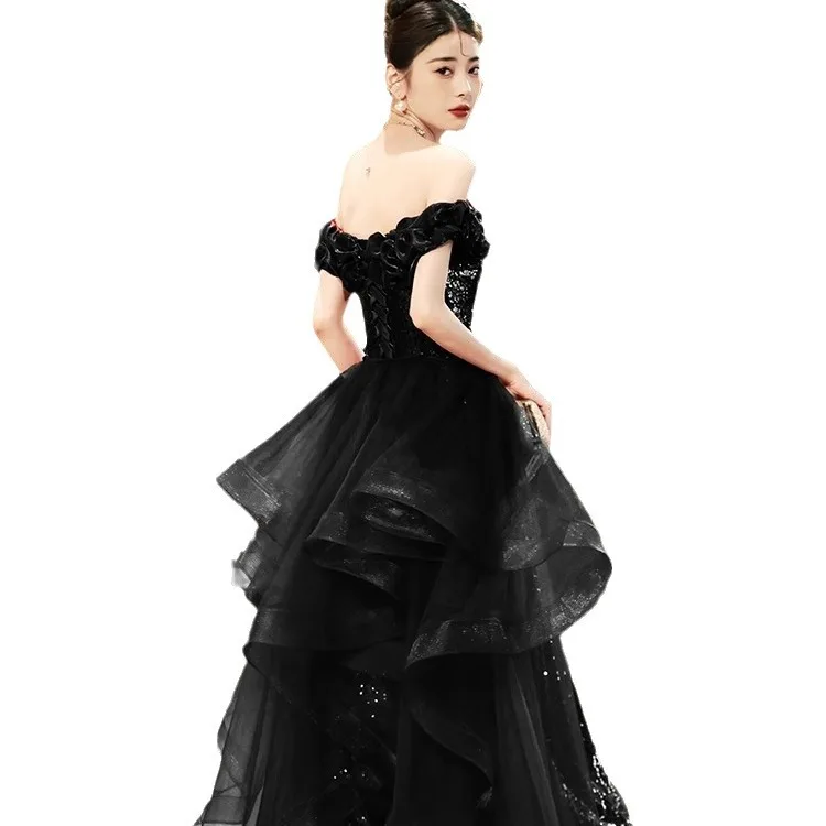 Black off-shoulder evening gown 2024 latest light luxury sequins high-end banquet gown vestido longo feminino pra casamento