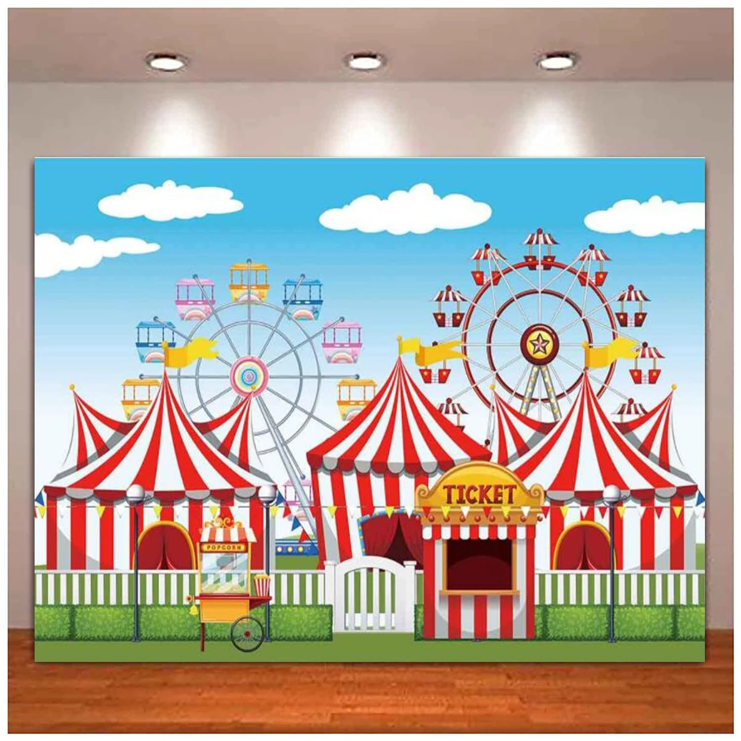 

Red Circus Photography Backdrop Amusement Park Tents Playground Carousel Kids Boy Girl Birthday Party Background Baby Shower