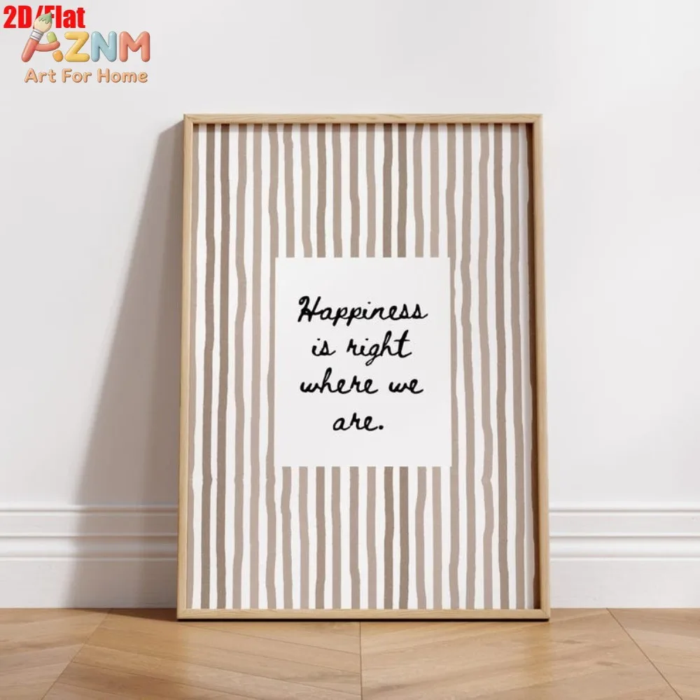 AZNM Beige Striped Canvas Wall Art Happiness Is Right Where We Are Text Print Minimalist Home Decor Unframed