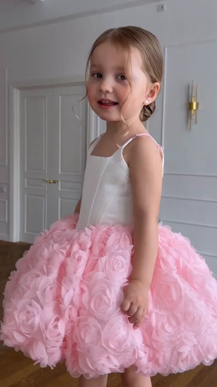 Pink Floral Birthday Party Ball Gowns Jewel Wedding Party Dress Short Cute Flower Girl Dress Short Gala Dress Knee Length