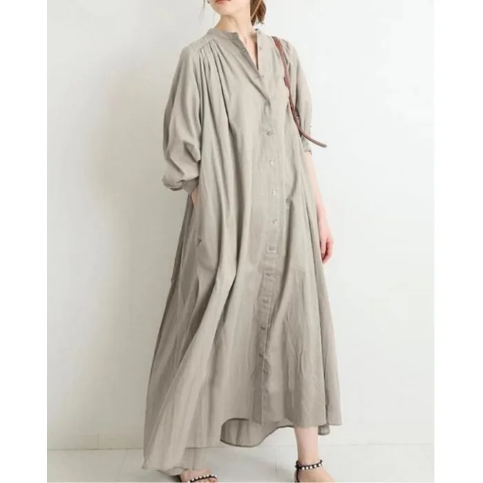 

Women's Loose Fit Cotton Linen irt Dr Long Sve Pure Color Casual High Waist Spring Autumn Long Dr Vintage Sle