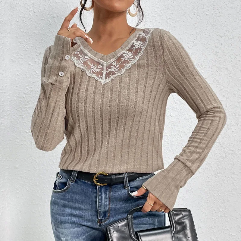 

Women Pullovers Knitted Tops Lace Floral Full Sleeve V Neck Sweaters Jumpers Elegant Splice Casual Top Autumn Winter 2024