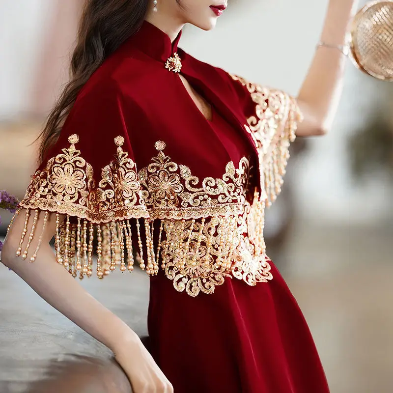 

Wine Red Tassel Shawl Qipao 2 Piece Set Chinese Wedding Dress Banquet Evening Dress Women Modern Improve Retro Slim Cheongsam