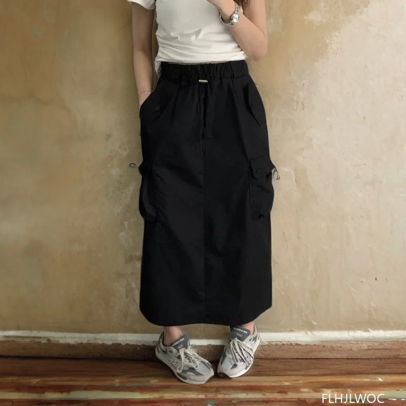 Hot Sales Autumn Elastic High Waist Skirts Cute Girls Women Preppy Style Solid Pockets Retro Vintage Long Frock Skirts