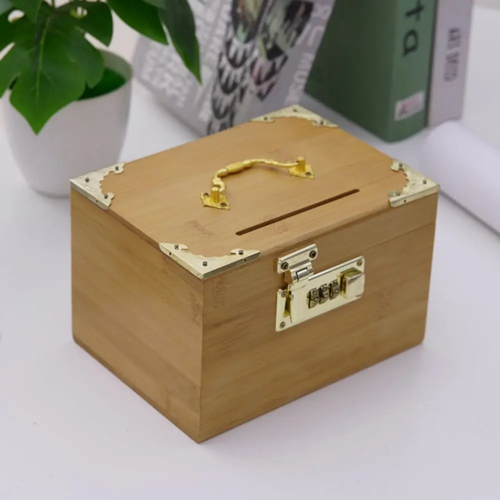 Retro Wooden Money Bank Large Capacity With Handle Piggy Bank With Password Lock Three-digit Password Treasure Storage Box