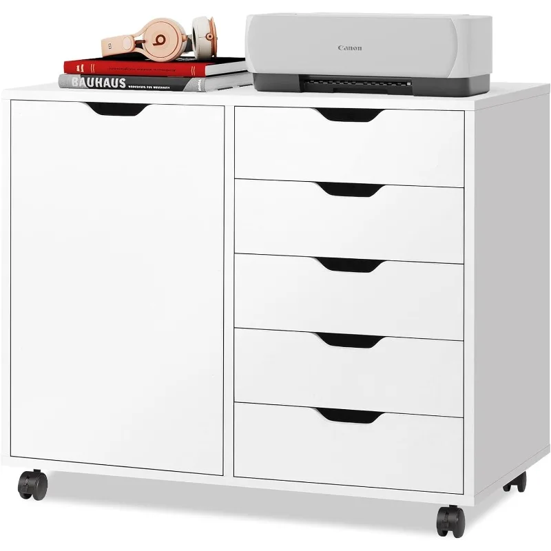 5-Drawer Wood Dresser Chest with Door, Mobile Storage Cabinet, Printer Stand for Home Office