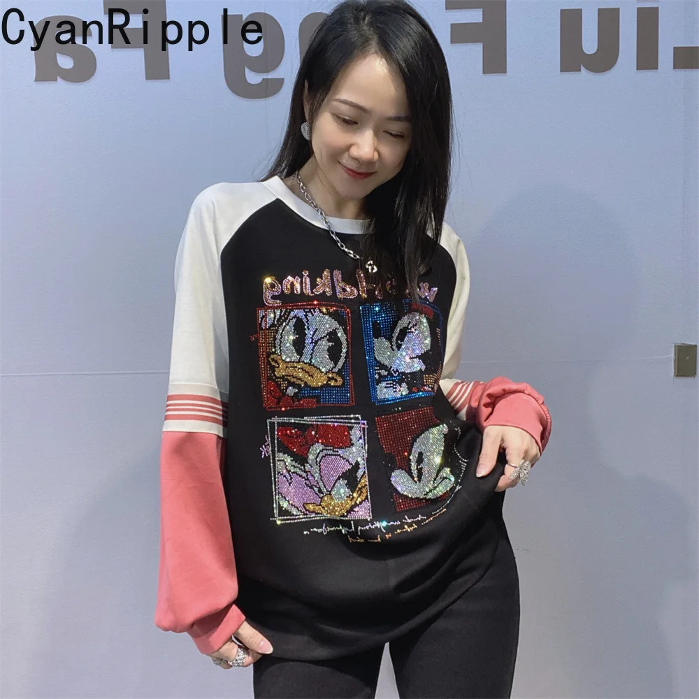 

Trendy New Spring Autumn Women Sweatshirt Oversize Space Cotton Pullover Top Cartoon Hot Diamonds Long Sleeve Casual Hoodies