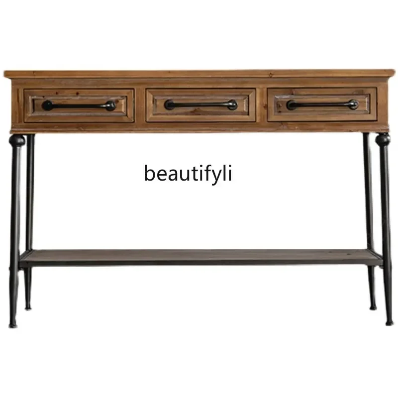 

American Industrial Style Wrought Iron Console Tables Solid Wood Console Storage Cabinet Retro Side Cabinet Side Table