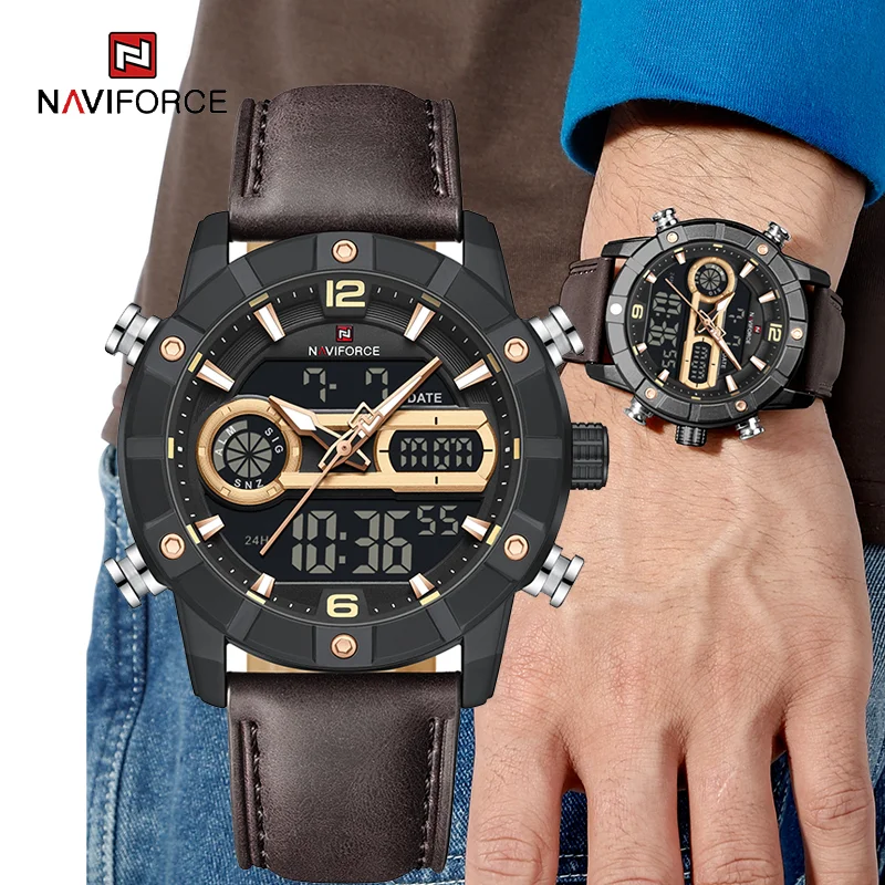 NAVIFORCE NF9263 Men Watch Genuine Leather Strap Waterproof Luminous Chronograph Countdown Alarm Multifunctional Wristwatch