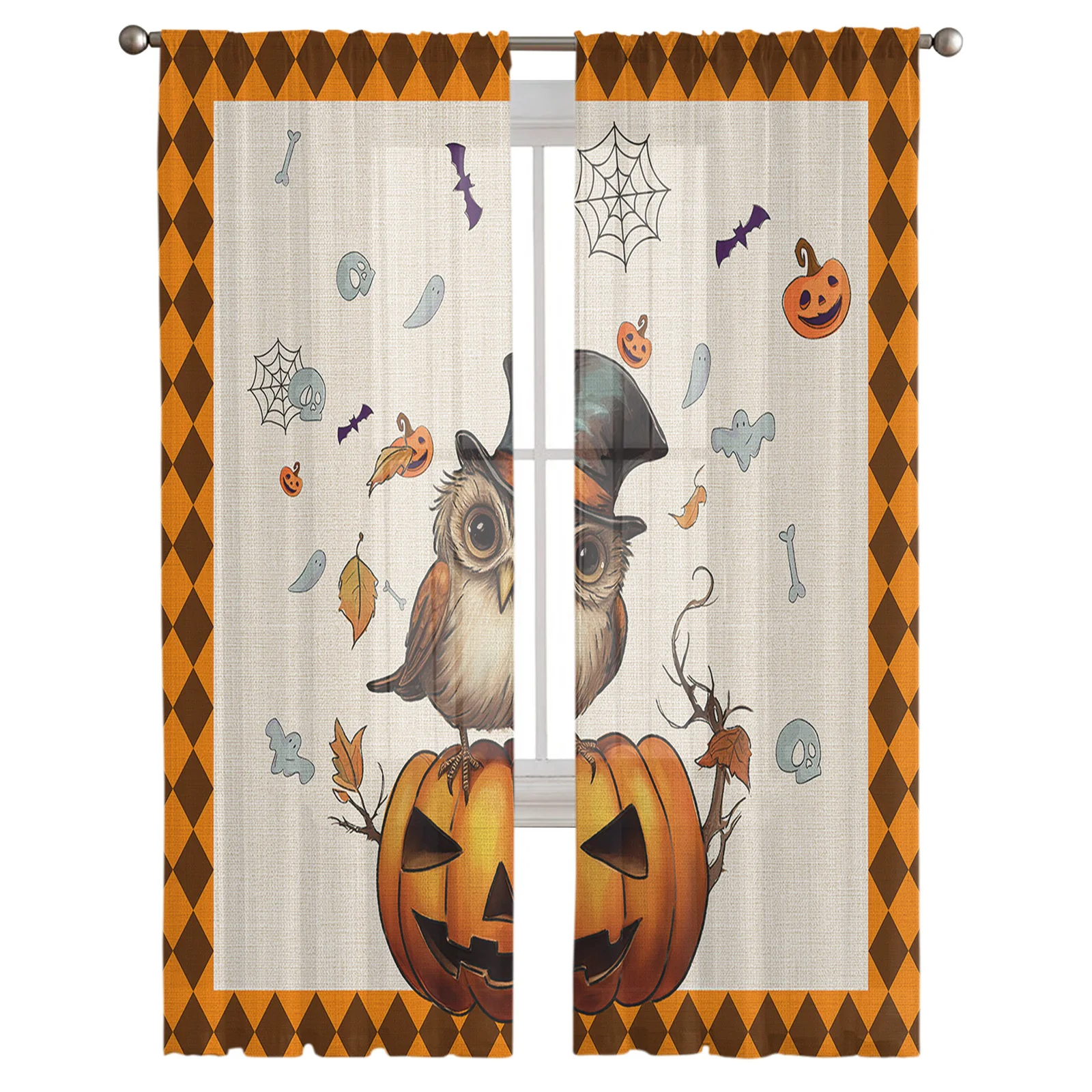 Halloween Pumpkin Owl Branch Sheer Curtains For Living Room Tulle Window Curtain Bedroom Kitchen Veil Drapes