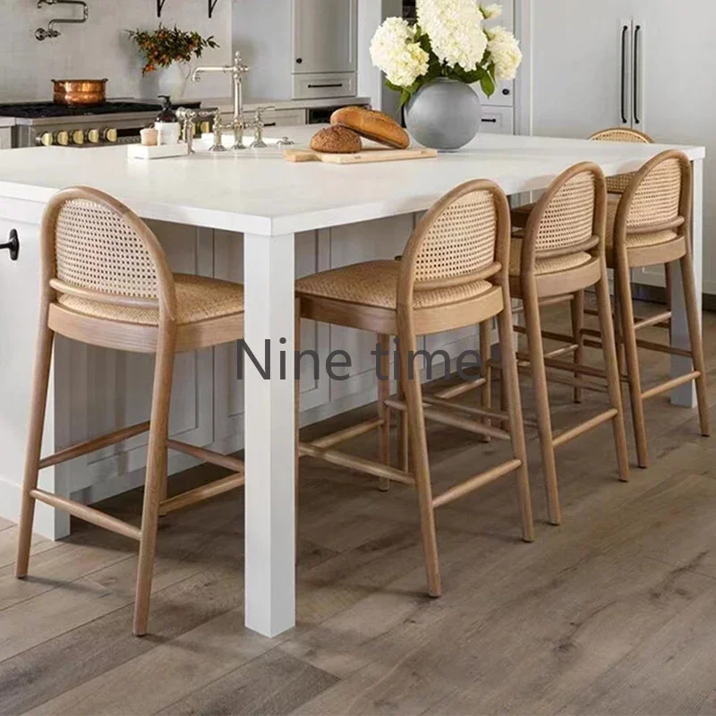 Solid Wood Rattan Kitchen Bar Chair Armchair Design Salon Chairs High Stools Beauty Counter Cafe Home Muebles Para Bar Furniture - view 2