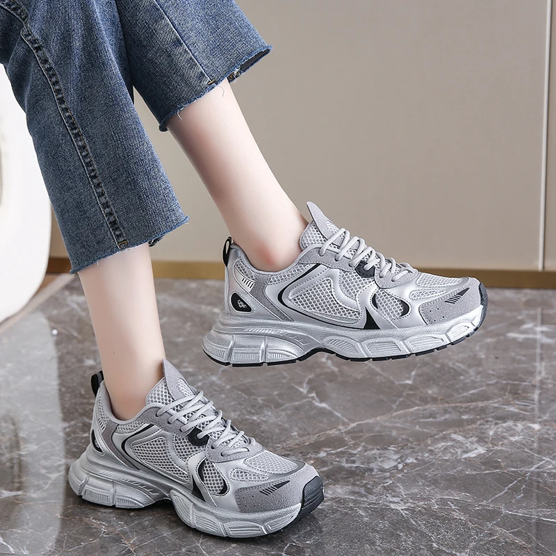 CRLAYDK Chunky Sneakers for Women Silvery Fashion Platform Summer Dad Shoes Casual Lace Up Walking Mesh Sports Ladies Tennis