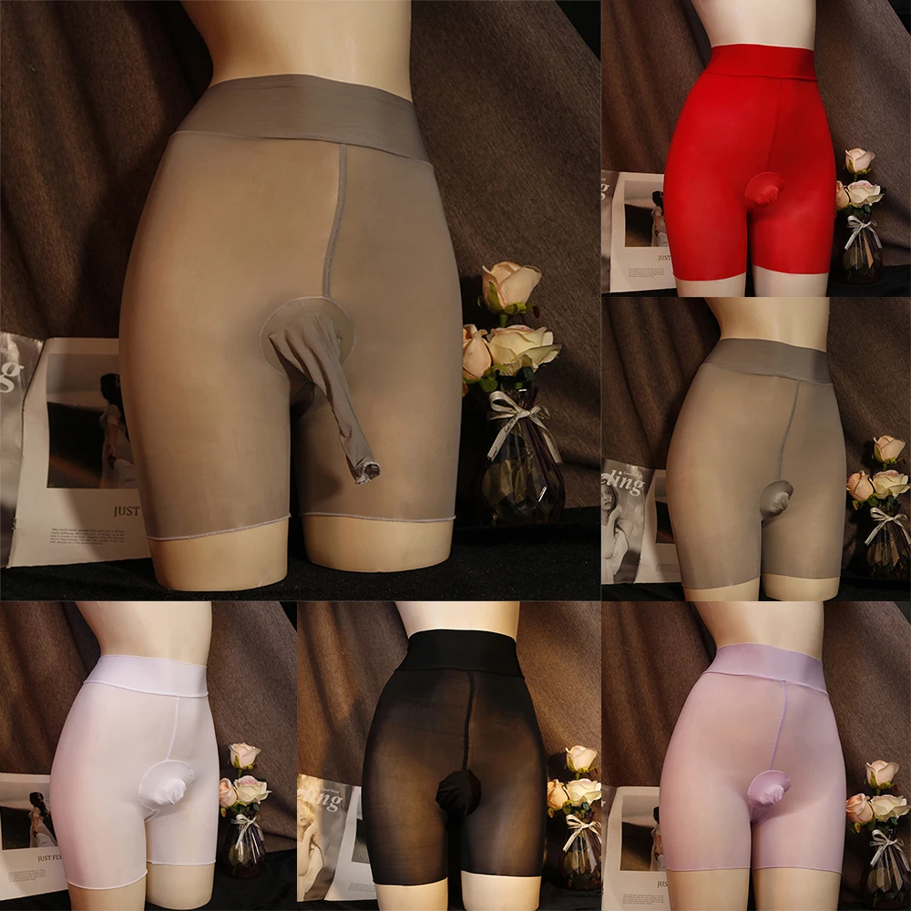 Shiny Ultra-Thin Sheer Pantyhose Men Penis Pouch Underwear Plus Size Open/Close JJ Sheath Tights Erotic Shorts Males