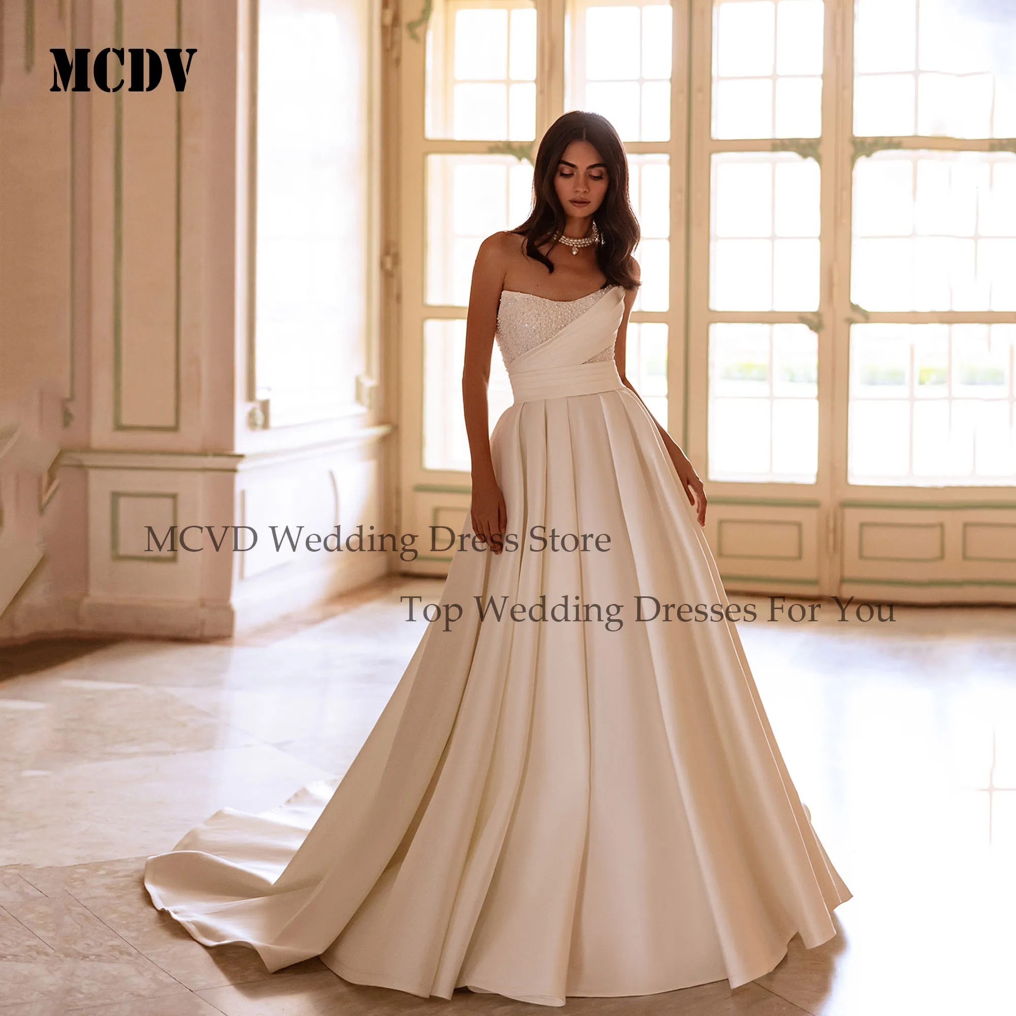 

MCDV Luxury A Line Strapless Wedding Dress 2025 Bride Beading Sleeveless Satin vestido de novia Empire Wedding Gowns 2025