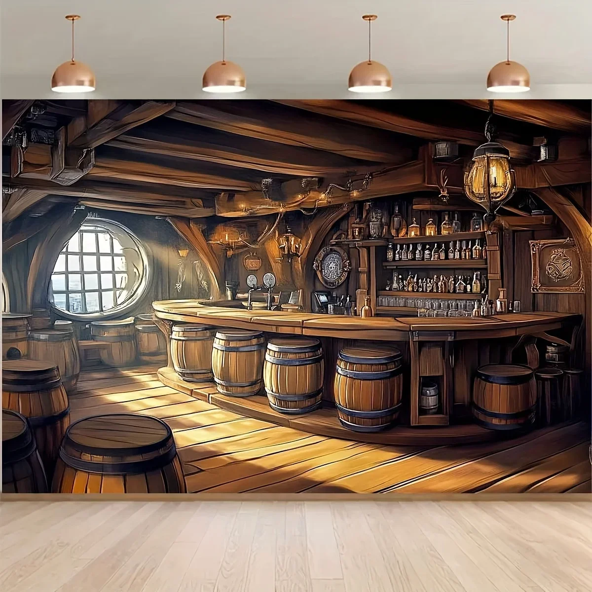 1 x Polyester-Fotografie-Hintergrundbanner, Piratenbar, Retro-Stil, Bar-Innenraum und Fass-Party-Hintergrundtuch
