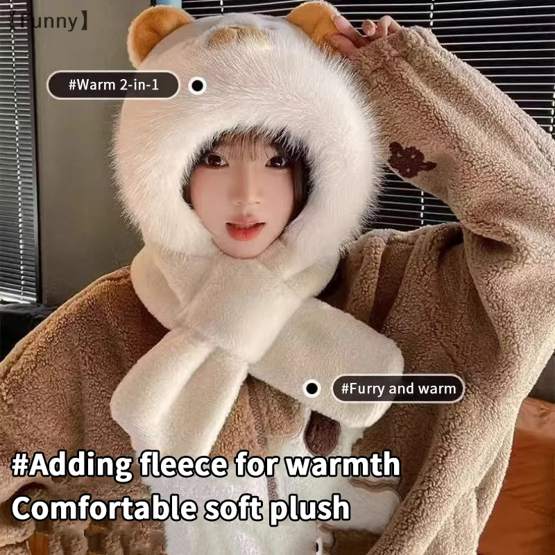 العصرية لطيف الكرتون كابيبارا قبعة وشاح الشتاء الدافئة وشاح قبعة للنساء الفتيات Kawaii الأذن حماية لينة فروي وشاح قبعة الهدايا #6