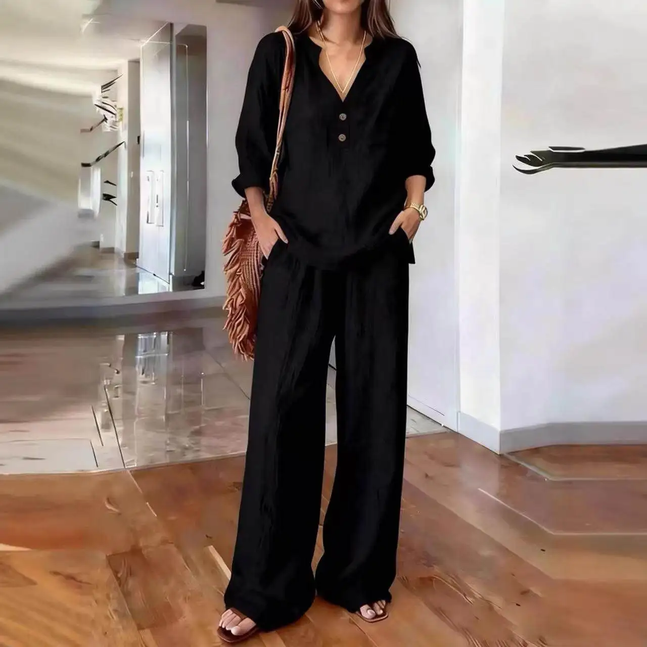

Casual Loose Long Sleeve Women's Two-Piece Set Pure Color Comfortable Breathable Fashionable Leisure Pants for Casual Wear