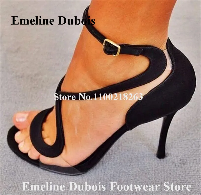 Brand Curved Straps Sandals Emeline Dubois Open Toe PVC Patchwork Stiletto Heel Gladiator Sandals Ankle Straps High Heels