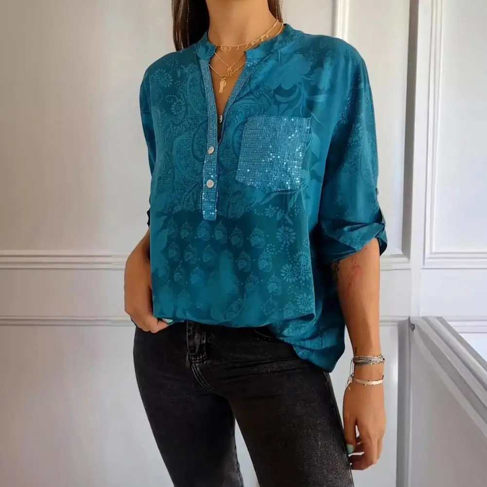 Stretchy Shirt Stylish Women's V-neck Lapel Half Sleeve Shirt with Sequins Patch Pocket Casual Loose Fit Summer Top for Women