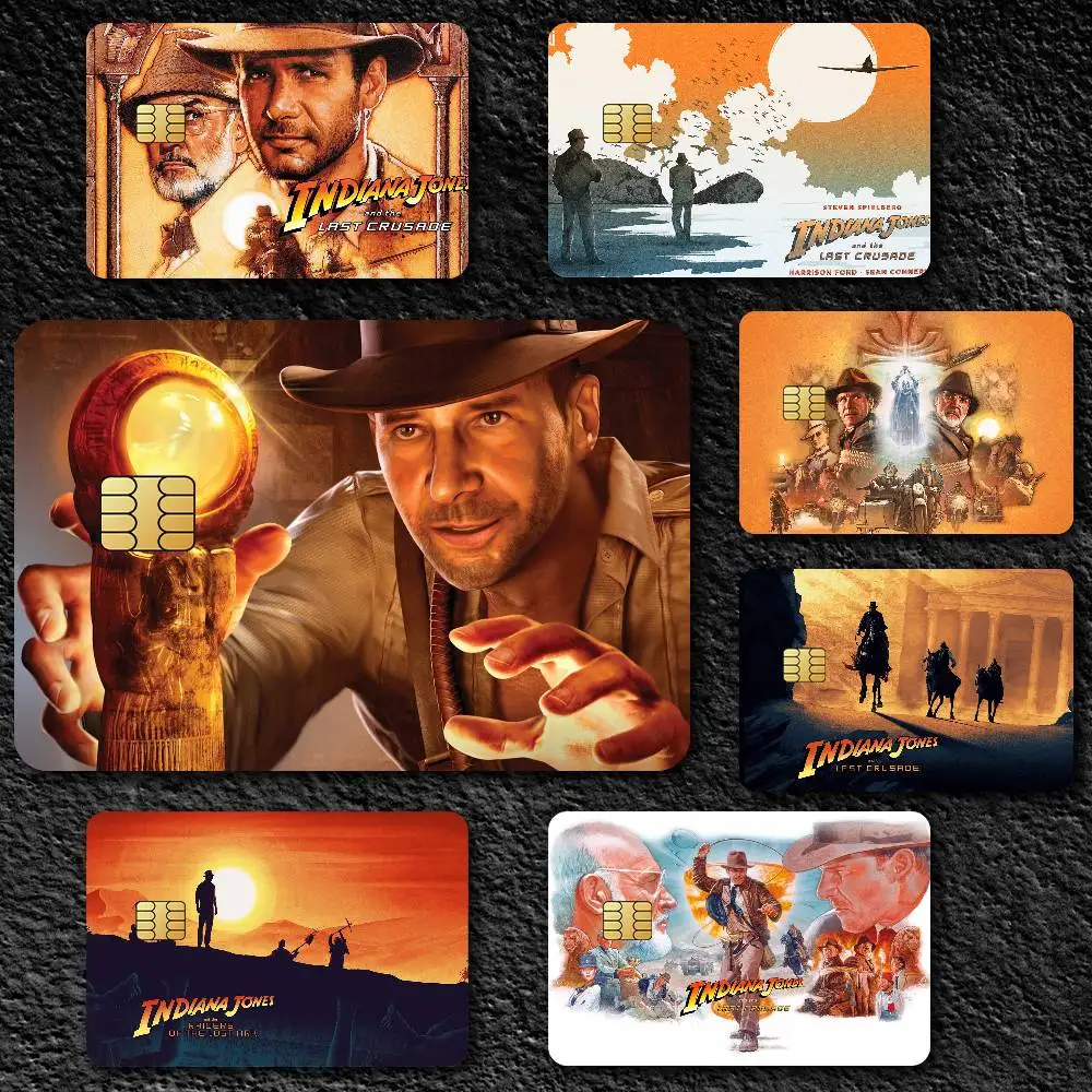 Película Indiana Jones y la última cruzada, cubierta de piel, pegatinas para tarjetas de crédito, decoración frontal de débito, pase de autobús bancario, resistente al agua, 4 Uds.
