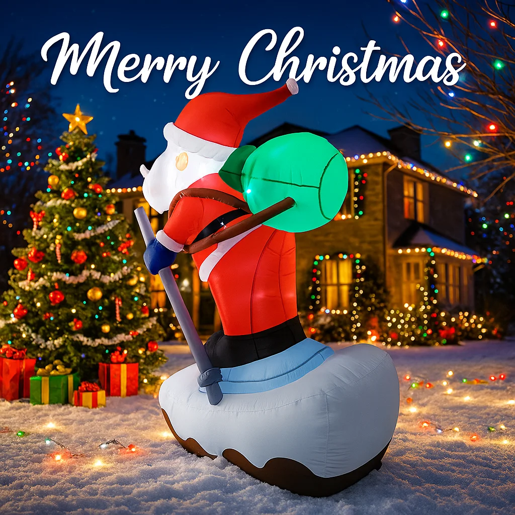 5.91FT Inflatable Toy Santa Snowboard with LED Light Christmas Decorations for Yard Xmas Supplies Home Ornaments Festive Gift