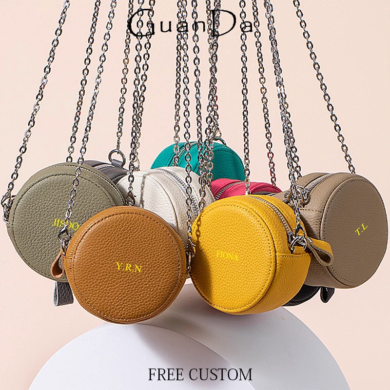 

Luxury Woman Cowhide Crossbody Bag Genuine Leather Custom Name Fashion Round Chain 2025 Spring Shoulder Bag Party Card Wallet