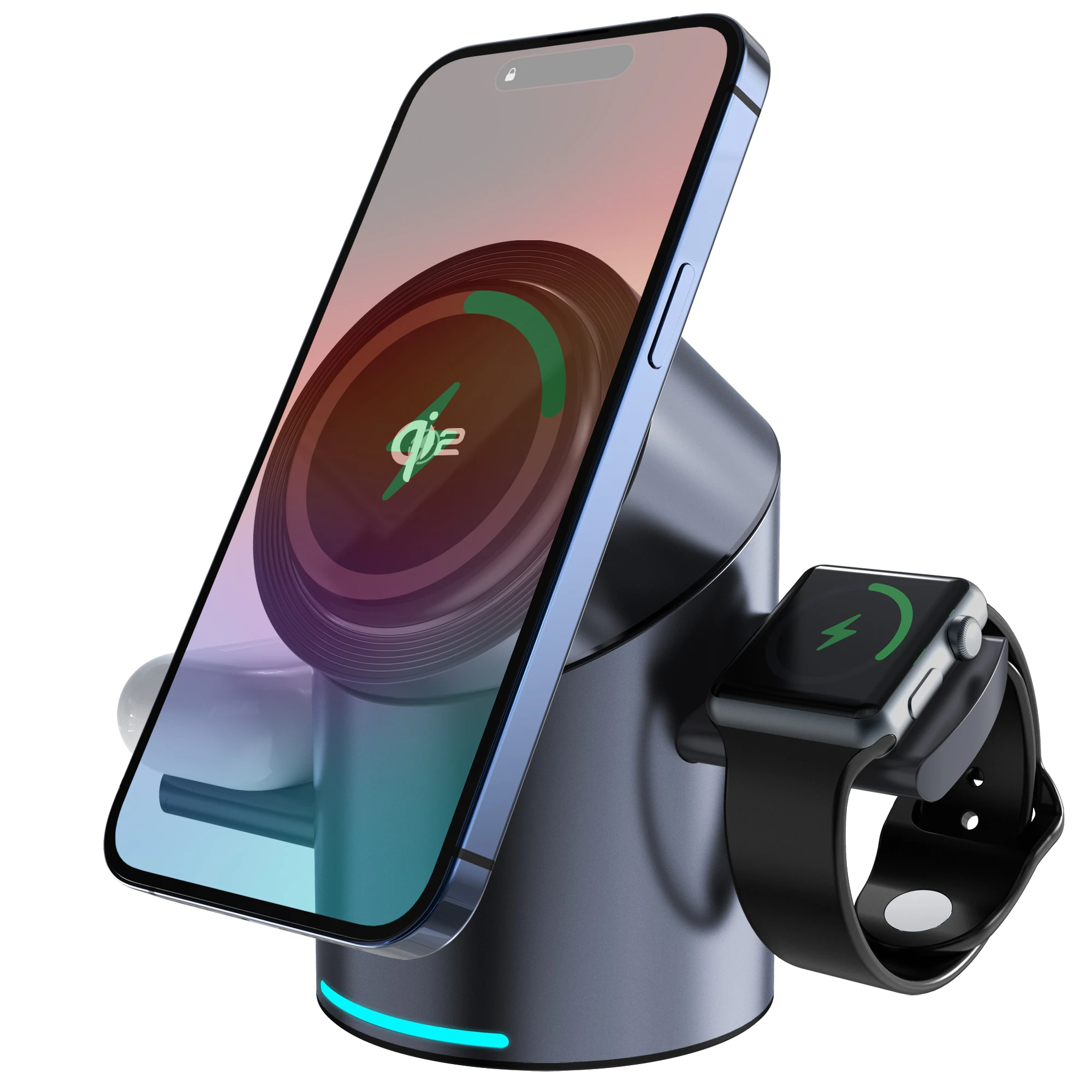 

3 In1 QI2 Magnetic Wireless Charging Station 15W Desktop Multifunction Charger with Touch Rotation PC Material