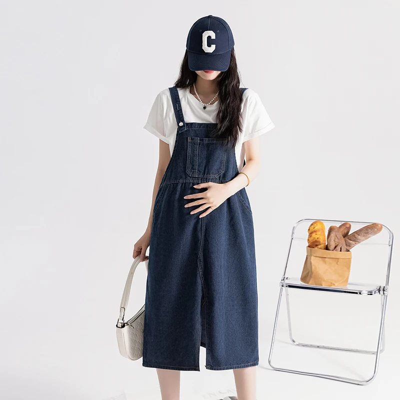 Woman Rompers Dress Overalls Summer Maternity Denim Dress Front Split Strap Dress Pregnant