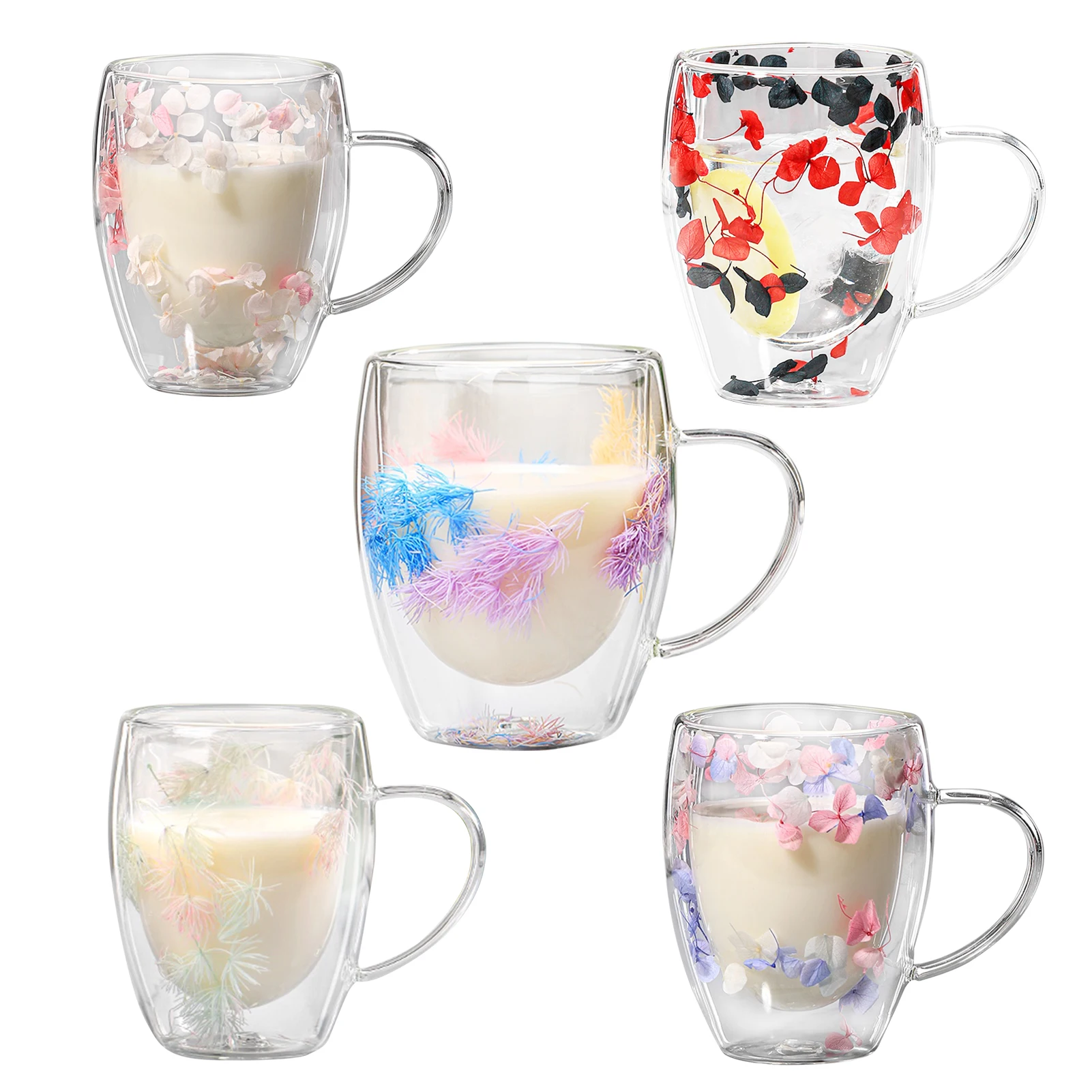 Double Walled Glass Coffee Mugs 350ml Clear Double-Layered Dried Flower Cups Flower Mugs with Handle Heat Resistant Aesthetic