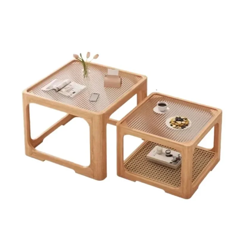 Solid wood glass coffee table small apartment living room household wabi wind table size combination rattan log coffee table