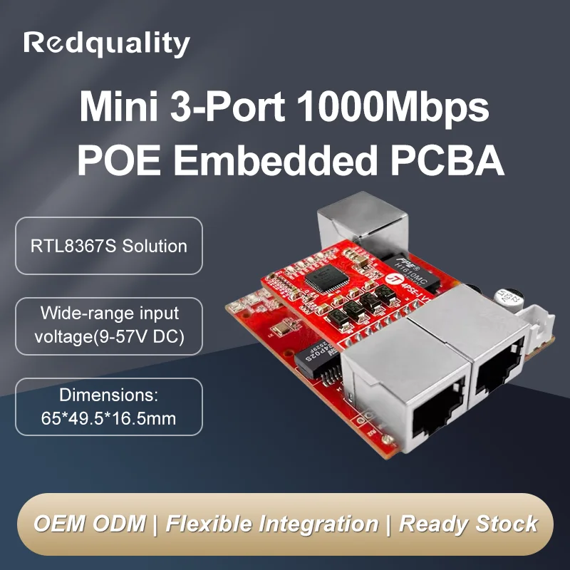 

Mini 1000Mbps 3/5-Ports POE Embedded PCBA Switch, supporting DC 9-57V wide input voltage, suitable for industrial automation.