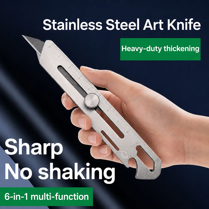 6 In 1 Stainless Steel Utility Knife Multi-Function Opener Retractable Box Cutter Portable Office Home Courier Unboxing Knifes