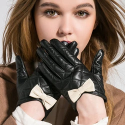 GOURS – gants d'hiver en cuir véritable pour femmes, Beige, véritable peau de chèvre, pour écran tactile, chaud, doux, conduite, à la mode, nœud papillon, nouveau GSL009