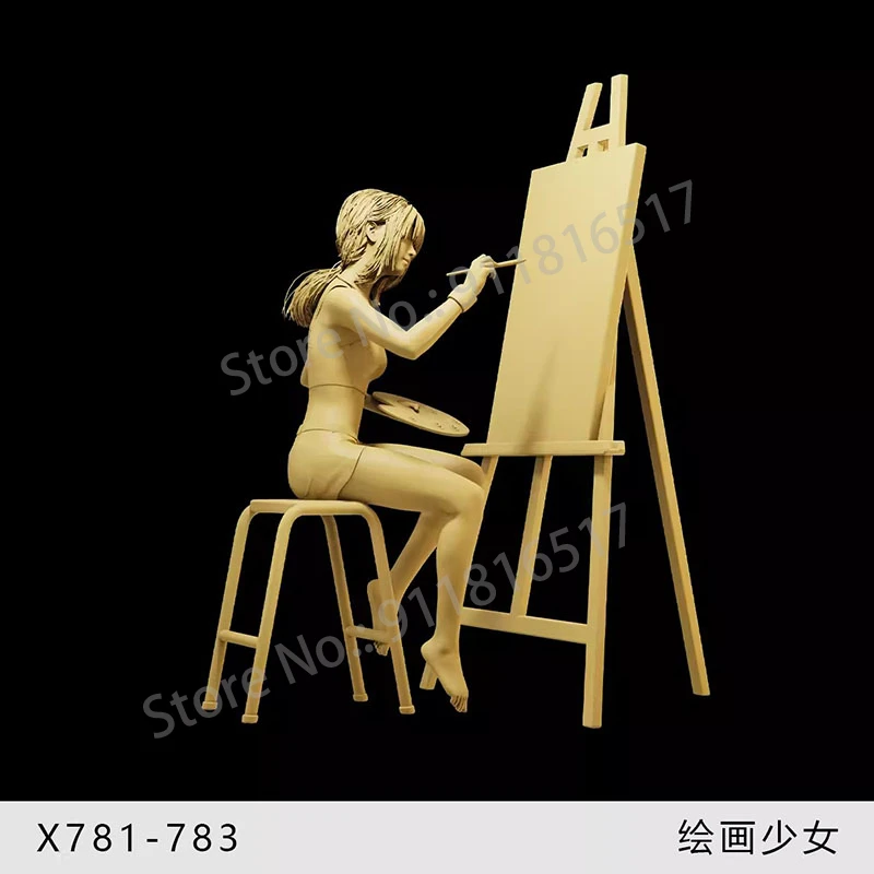 3D Printed 1/64 1/43 Painting Girl Figure Mini Diorama Street Scene Micro-shooting Sand Table Prop Model Toy for Collection