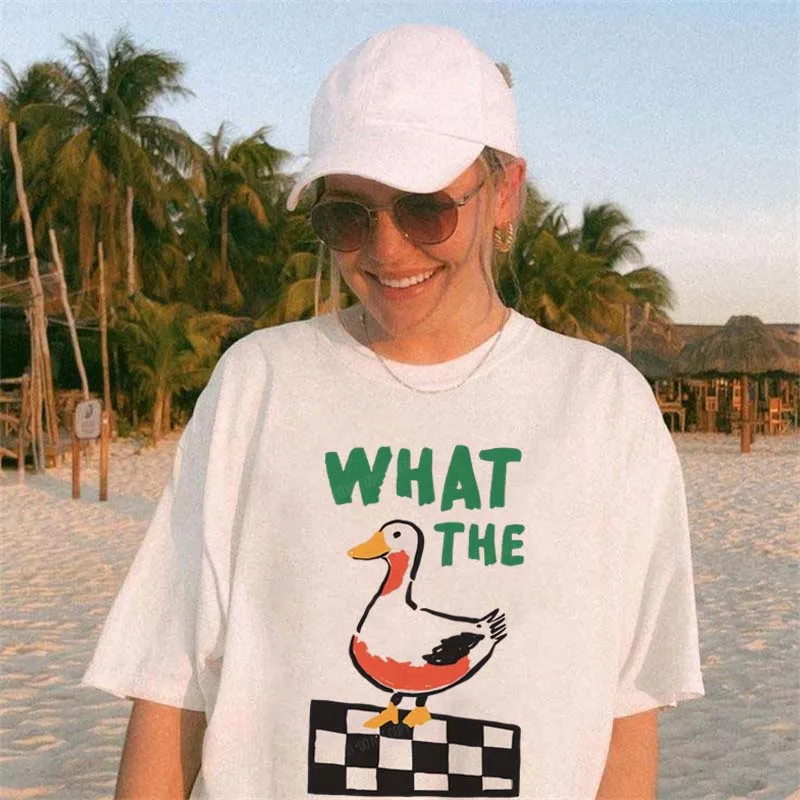 

Funny Duck Pattern Printed Women's Summer Basic Beach T-Shirt Fashion Vacation Style Short Sleeve Cartoon White Top T-Shirt