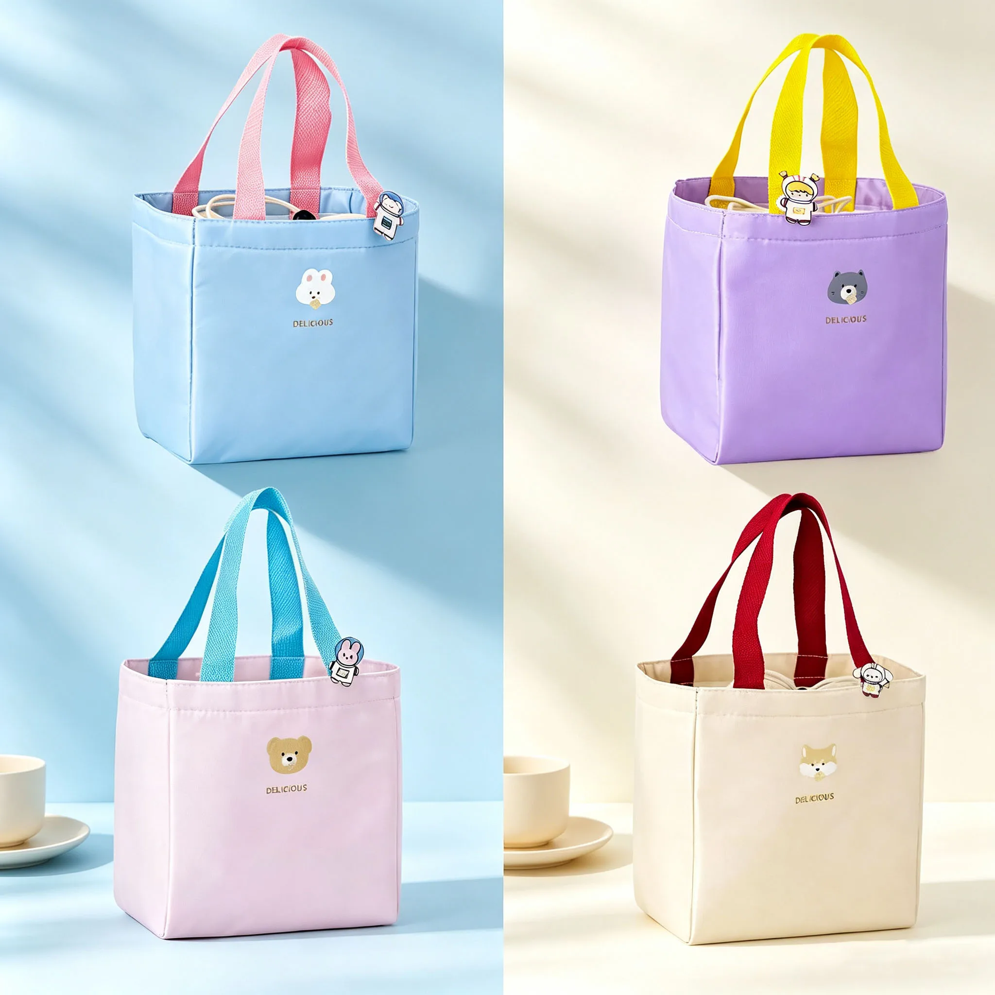 Korean Style Lunch Bag, Imitation Linen Drawstring Insulated Cooler Bag, Reusable Hand‑carry Food Tote Pouch for Student Men Wom
