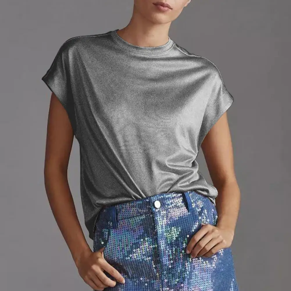 

Women Loose Fit T-shirt Sparkling Stand-up Collar Women's T-shirt Loose Fit Short Sleeve Tee Solid Color Stylish for A