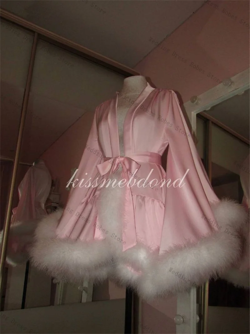 Vestido de fiesta de plumas de satén azul para mujer, para sesión de fotos, Mini batas cortas sexis con cinturón para la mañana, vestido de noche, ropa de dormir personalizada