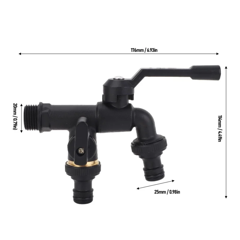 Outdoor Double Taps Water Faucet Kit 3/4in Inlet 25mm 2 Outlets Wall Mounted Brass Frost Proof Outside Garden Black