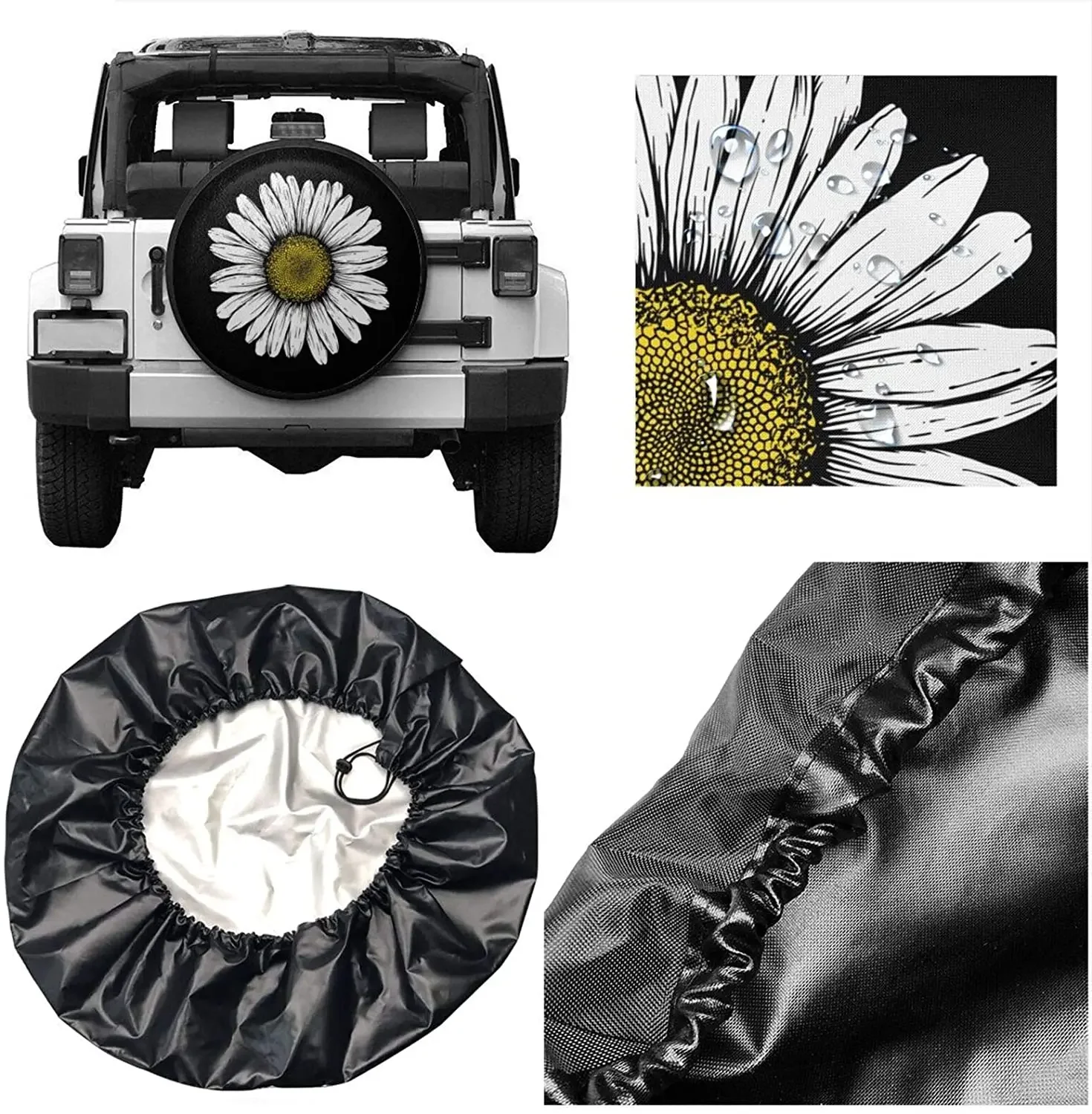 Daisy Flower Spare Tire Cover Waterproof Dust-Proof UV Sun Wheel Tire Cover Fit for Car,Trailer,