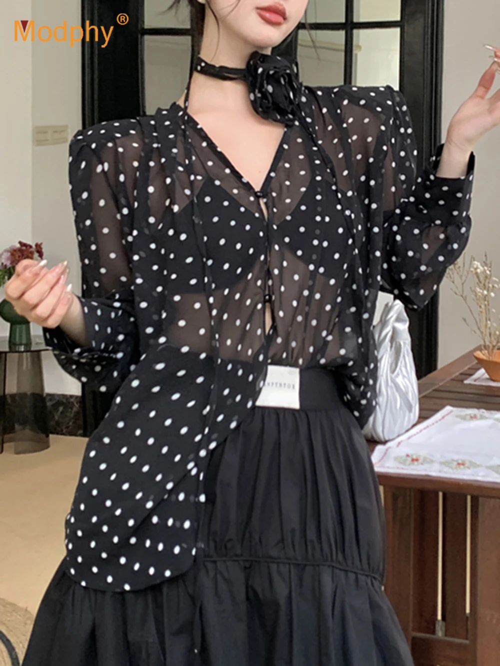 

Modphy Elegant Women'S Summer 3D Flowers Polka Dot Shirts Female V-Neck Long Sleeved Casual Blouses Woman 2025 Tops Black Blouse
