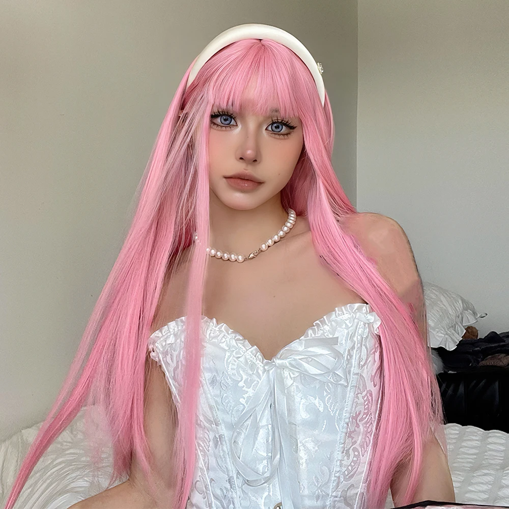 Light Pink Cosplay Long Straight Synthetic Wigs with Bangs Halloween Lolita Colorful Wig for Women Afro Natural Heat Resistant