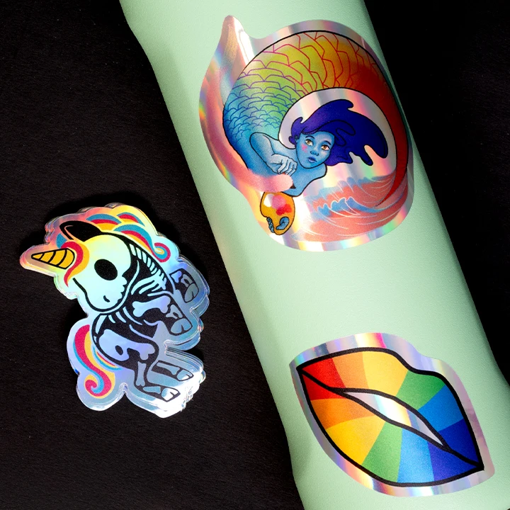100 Uds pegatinas holográficas personalizadas vinilo impermeable etiqueta personalizada logotipo decoración de dibujos animados pegatina personalizada para negocios