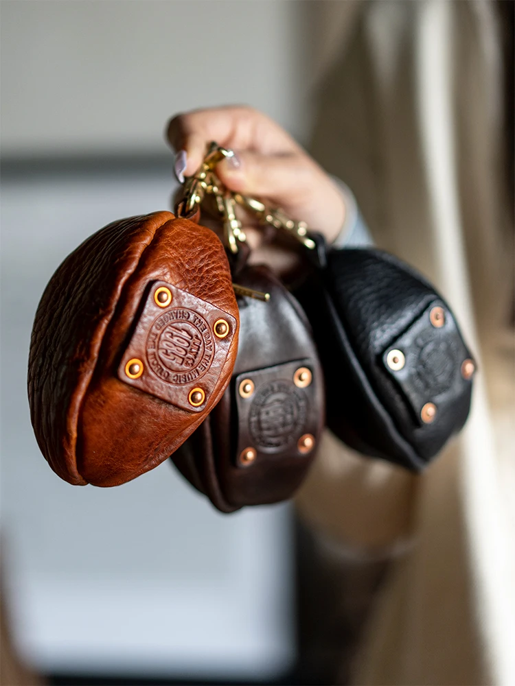True Key Earphone Storage Bag Vintage Thickened First Layer Cowhide Men's Women's Small Coin Purse Daily Travel Genuine Leather