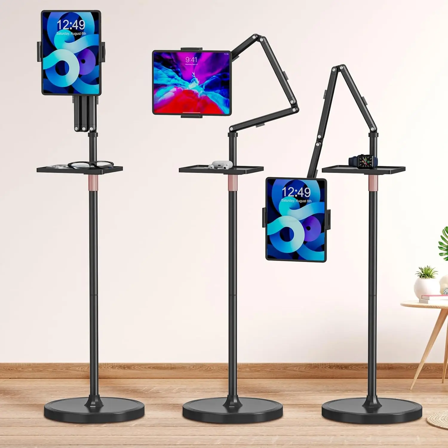 

Tablet Floor Stand w/ Removable Tray, Height Adjustable, Fits 4.7"-15.6" Tablets/iPads/Phones（Black-Tri-Fold）