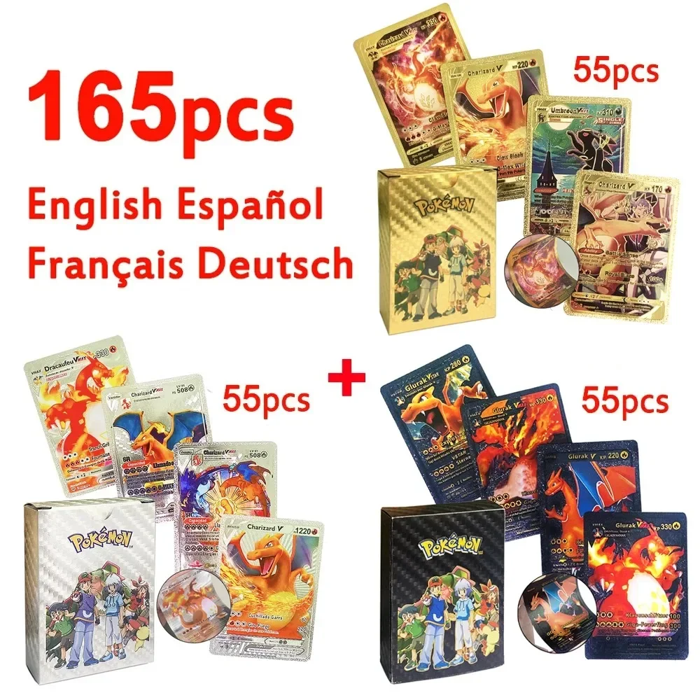 Pokemon Card English Spanish French German Gold Colorful Vmax GX EX V Cards Pikachu Charizard Rare Collection Battle Gifts Toys